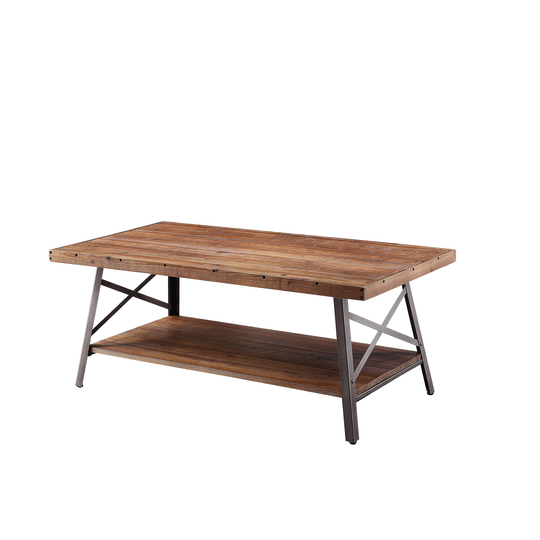 Wooden Coffee Table with X Crossed Metal Sides and Open Shelf, Brown and Black - 19 H x 24 W x 48 L Inches