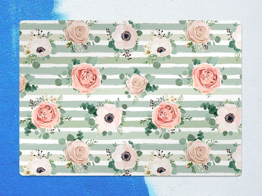 striped Roses Chair Mat, Pink Splat Mint Vinyl Floor Floral Protective Pad, Area Rug, Comfort Game Room Rug