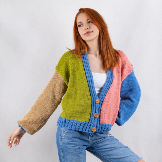 Knit Cotton Cardigan, Multi Color Patckwork Jacket, Chunky Colorful Crop V-Neck Sweater, Summer Carigan, Gift For Her