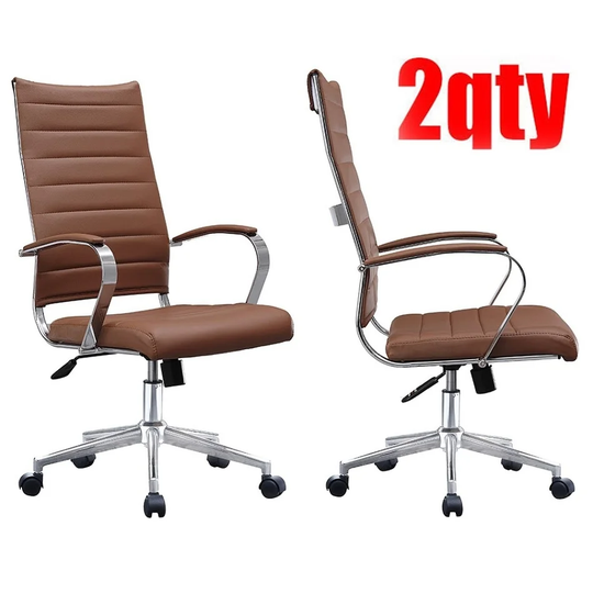 Set of Two (2) Modern Brown High Back Office Chair Ribbed PU Leather Swivel Tilt Computer Desk Cushion Seat Boss