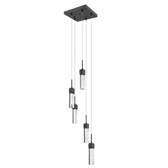 PIXI 5-Light Illuminated Glass Cube Pendant- 14"H x 12.38"W- Adjustable - Black