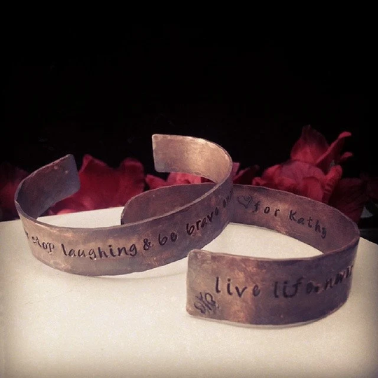 Copper Patina Distressed Hand Stamped Cuff Bracelet 1/2" Wide Name Id Keepsake Love Family Mom Custom Personalized