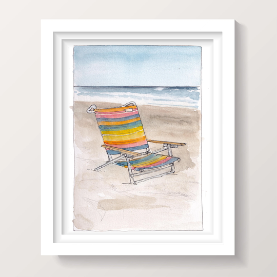 Beach Chair - Ocean, Nautical Art, Vacation, Ink & Watercolor Plein Air Painting, Drawing, Drawn There