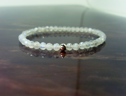 Dainty Rainbow Moonstone Faceted Bracelet 5mm + Sterling Silver Bead, Natural Gemstone Bracelet, Stretch Beaded For Women +Gift Bag