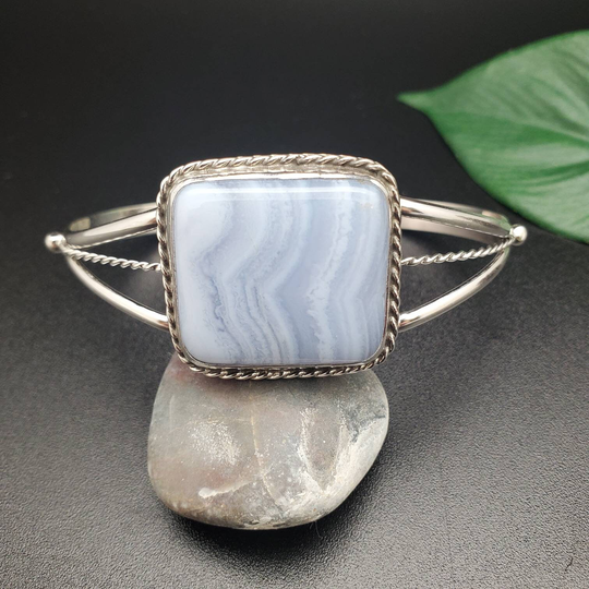 Dainty Blue Lace Agate Bracelet Cuff | Sterling Silver Square Southwest Simple Gemstone