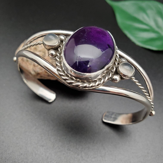 925Forher Dainty Purple Amethyst Bracelet Cuff | Sterling Silver White Moonstone 3 Gemstones Southwest
