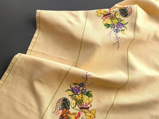 Danish Easter Cross Stitched 70S Table Cloth With Flowers, Roosters & Cute Baby Chicks. - Cotton Vintage Made in Denmark By Hand