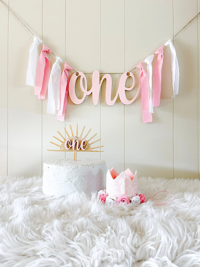Pink & White High Chair Banner One First Birthday Cake Topper Girl Crown 1st Photo Decorations