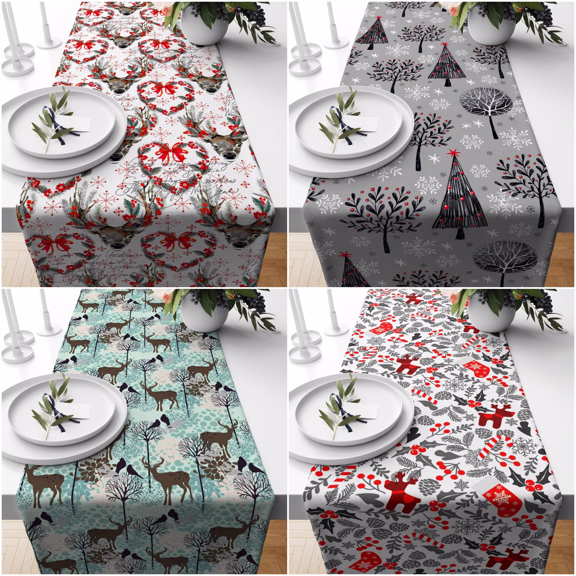 Christmas Table Runner|Winter Trend Top|xmas Deer & Tree Decor|Red Berries Linen|Christmas Home Decor|Floral Decor