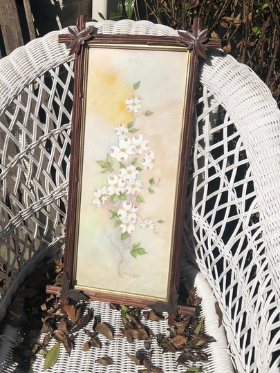 Signed Original Drawing Dogwood Flowers Carved Wooden Adirondack Leaf Frame Southern Artist Dated 1963 Orig Thelma Rider Pencil