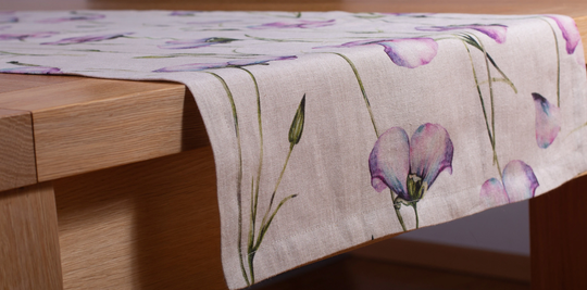 Linen Table Runner Digital Printed California Poppy Custom Size Wedding Handmade Washed Mitered Corner, Decoration