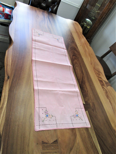 Antique Table Runner - Handmade - Pink - Floral - Multicolored - Dresser - Vanity - One Of A Kind - Ooak - Shabby Chic - Linens - French Country