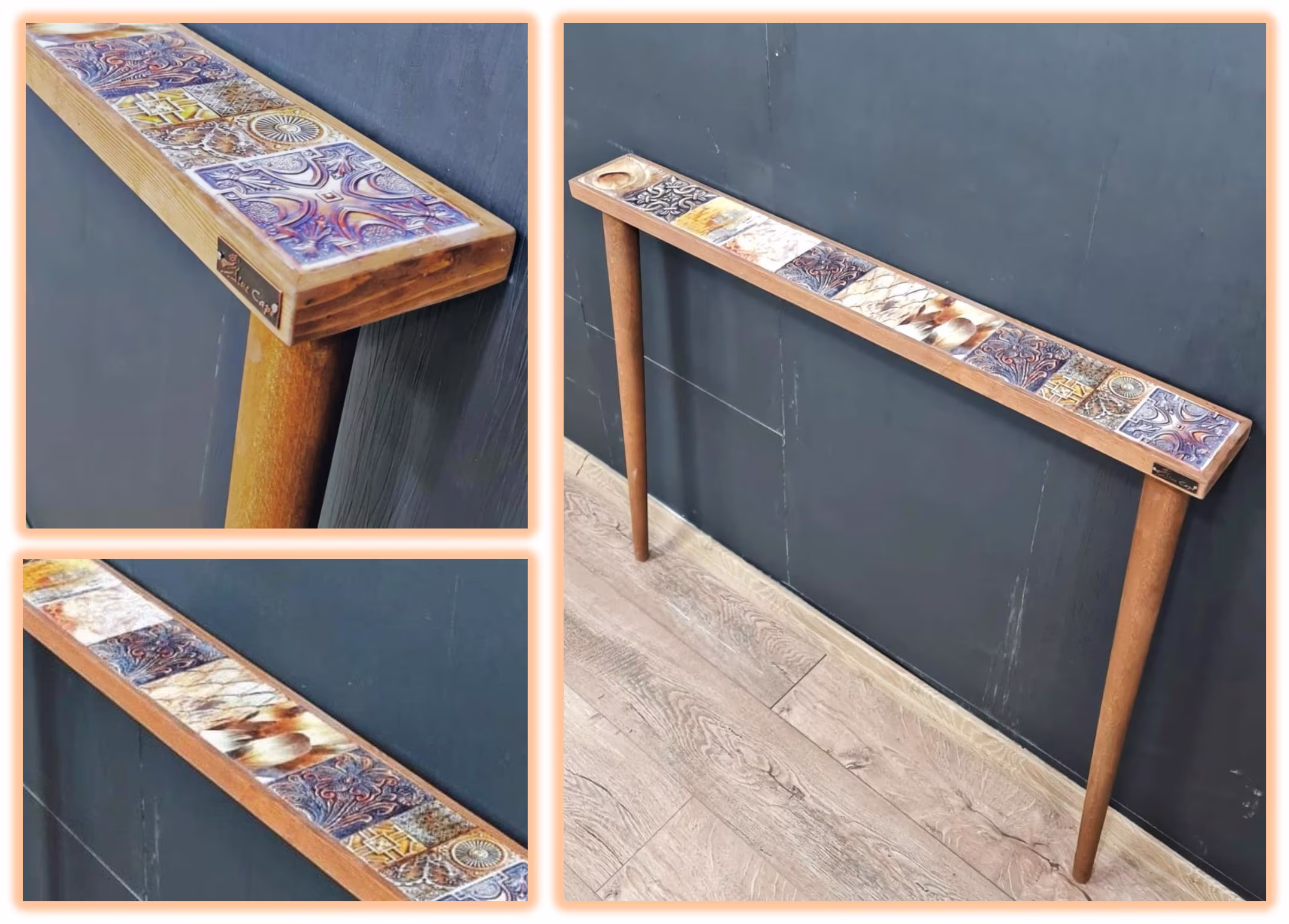 Modern Slim Entryway Table With Tiles Minimalist Slimline Wooden Console Sideboard Narrow Entry Tables Tiled Top Wood Legs