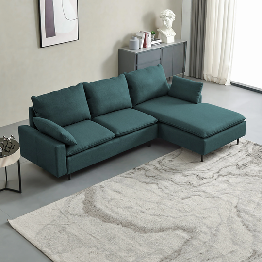 Modern L-Shaped Linen Sectional Sofa with Right Chaise and Metal Legs for Living Room, Study or Office