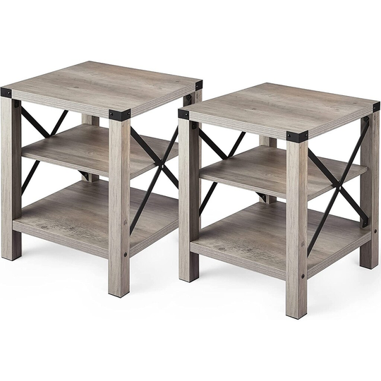 Rustic End Table Set of 2, Farmhouse Accent Cocktail Table Storage Shelf, Industrial Wood Look Tea Table