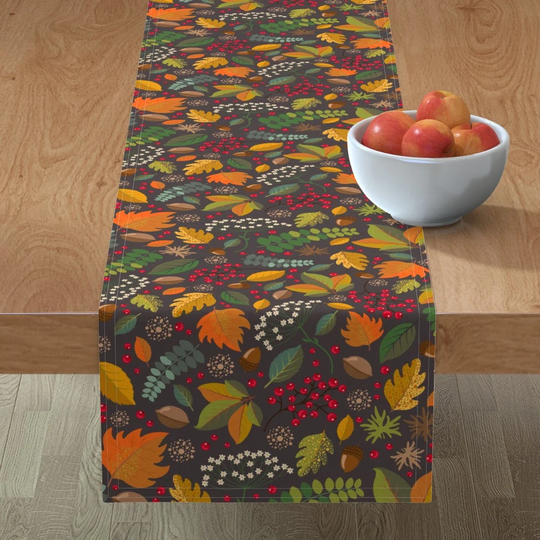 Fall Season Table Runner - Autumn By Phanya Style Botanical Earth Tone Warm Colors Red Berries Cotton Sateen Spoonflower