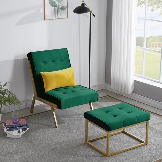 Upholstery Tufted Accent Chair with Ottoman,Gold Metal Frame - 23"Wx34"Dx34"H