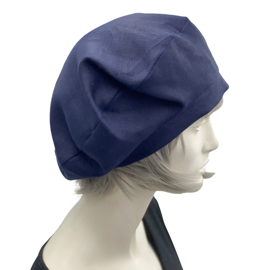 Summer Beret, Navy Blue Linen Satin Lined Berets For Women, Handmade in Usa