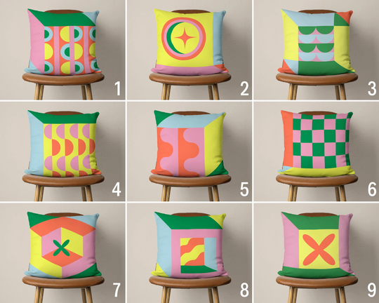 Abstract Colorful Pillow Case, Retro Pastel Color Cover, Geometric Cushion Pink Yellow Green & Orange Decor, Housewarming Gift