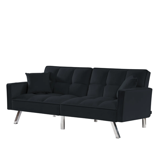 Modern Velvet Futon Sofa Bed with Armrests and 2 Pillows, Loveseat Sofa with 5 Chrome Metal Legs for Living Room and Bedroom