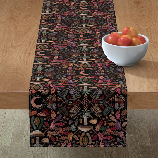 Forest Botanicals Table Runner - Autumn Kaleidoscope By Misentangledvision Black Leaves Red Fall Cotton Sateen Spoonflower