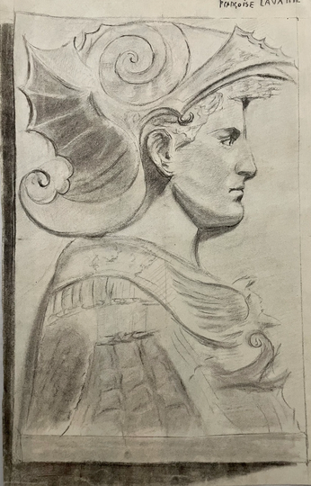 1890S French Antique Pencil Drawing On Paper. Portrait Of Ancient Greek Warrior