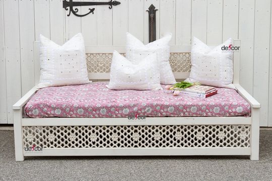 Antiqued White Carved Floral Jali Daybed Sofa, Modern Moroccan Daybed, Lounge Daybed, Lounge Sofa
