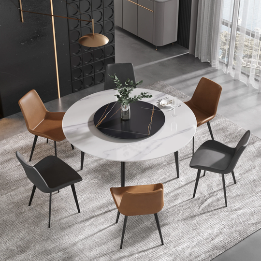 59" Round Marble Dining Table with Black Table Turntable,Lazy Susan Dining Table
