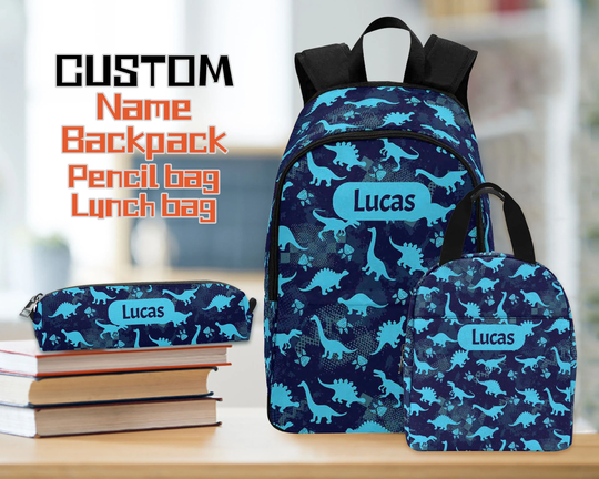 Custom Blue School Backpack For Kids, Personalized Boys Dinosaur Bag Sets, Rucksack, Name Lunchbox, Pencil Pouch, Lunch