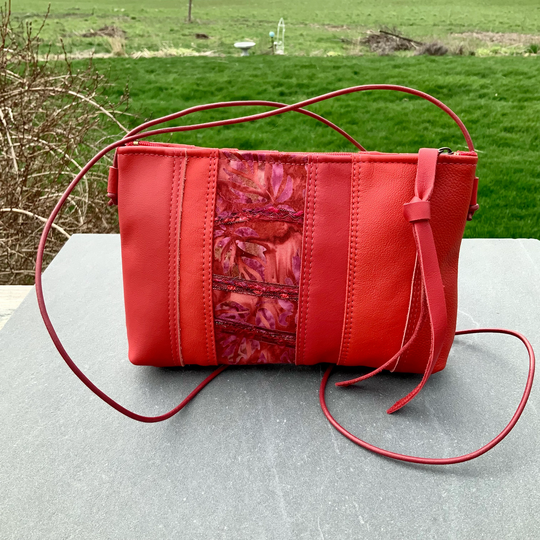 Small Red Leather Crossbody Bag Phone Festival Travel Upcycled Art Evening Everyday Adjustable Strap Recycled Fashion