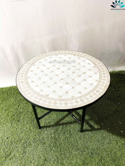 Mosaic Table For Outdoor & Indoor 100% Handcrafted Tiles White Beige, Mid Century Waterproof Customizable Colors Pattern