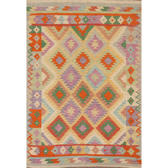 Colorful Kilim Area Rug Flat-weave Oriental Wool Carpet - 4'11" x 6'8"