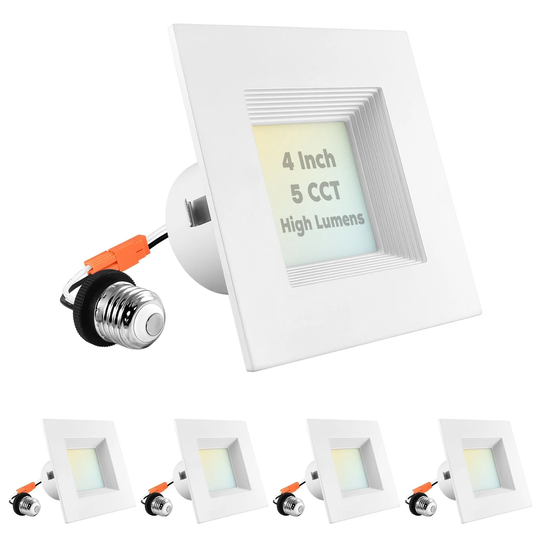 Luxrite 4" Square LED Recessed Can Light 14W=75W 5 Color Option 950 Lumens Dimmable Wet Rated Baffle Trim 4 Pack