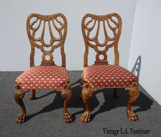 Pair French Louis Xvi Style Ornately Carved Side Chairs Claw Feet Gold Bees