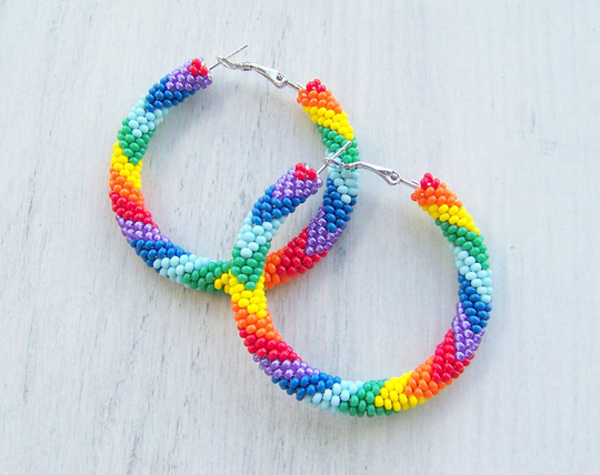 Beaded Rainbow Colorful Hoop Earrings - Luxury Pride Hoops Seed Beads Statement Multi Color Geometric