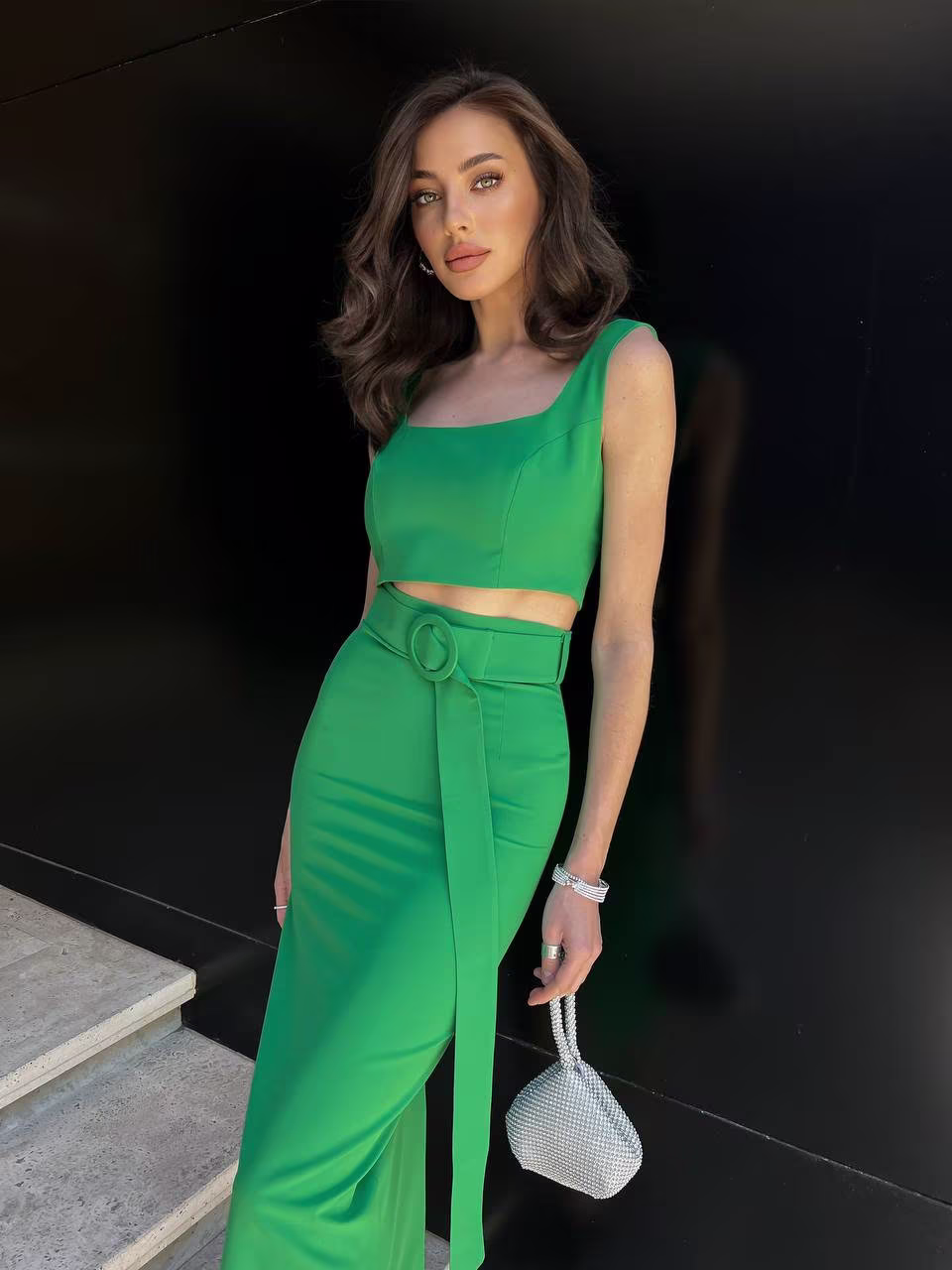Women's Suit Pencil Skirt With Top, Emerald Belt & Top, Two Piece Suit, Bridesmaid Wedding High Rise