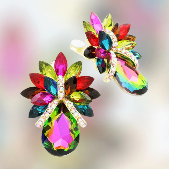 Multi Color Rhinestone Earrings/ Clip On Color Crystal Teardrop Formal Earrings