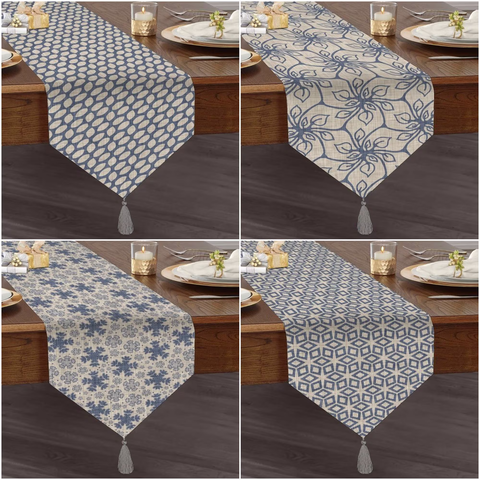 Gray Table Runner|High Quality Triangle Floral Runner|Decorative Geometric Tablescape|Bohemian Style Tabletop|Authentic Tasseled Decor