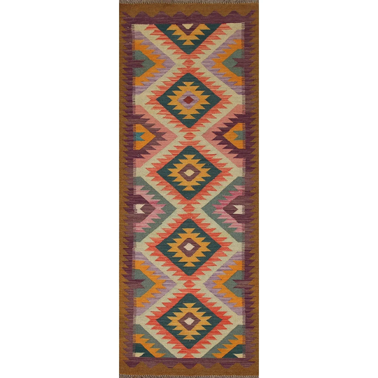 Southwestern Multi-Color Kilim Runner Rug Flatweave Wool Carpet - 2'8" x 8'2"