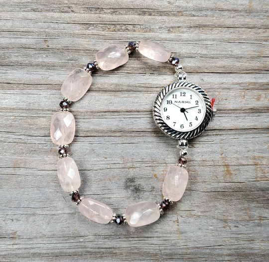 Faceted Rose Quartz & Purple Glass Watch, Very Durable Stretchy Band, Multiple Sizes Available