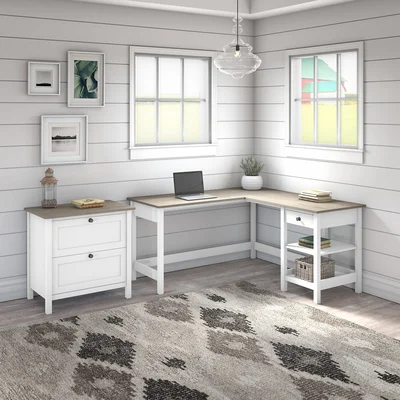 Kilbourne 60W L Shaped Computer Desk With 2 Drawer Lateral File Cabinet In Pure White And Shiplap Gray