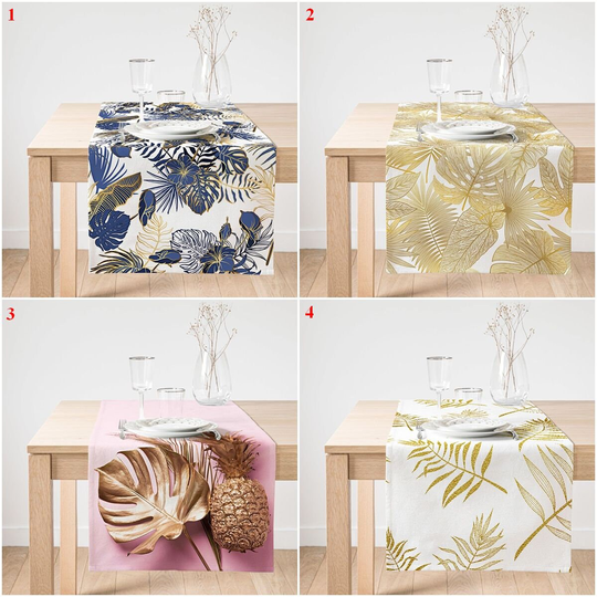 Gold Leaves Table Runner, Trend Cover, White Kitchen Decorative Cloth, Housewarming Gift, Decor