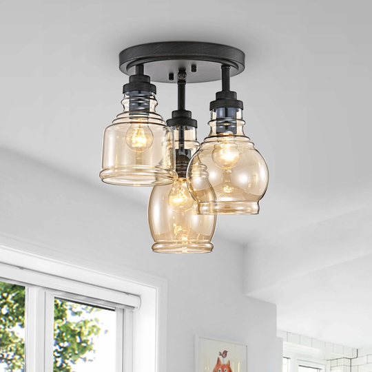 Mariana 3-Light Antique Black Flush Mount with Cognac Glass Shade - Antique Black