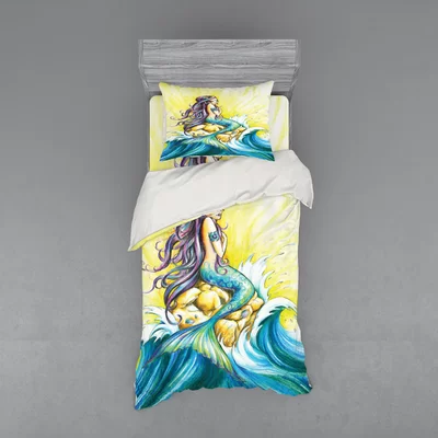 Mermaid Sitting on Rock Sunny Day Colored Pencil Drawing Effect Duvet Cover Set