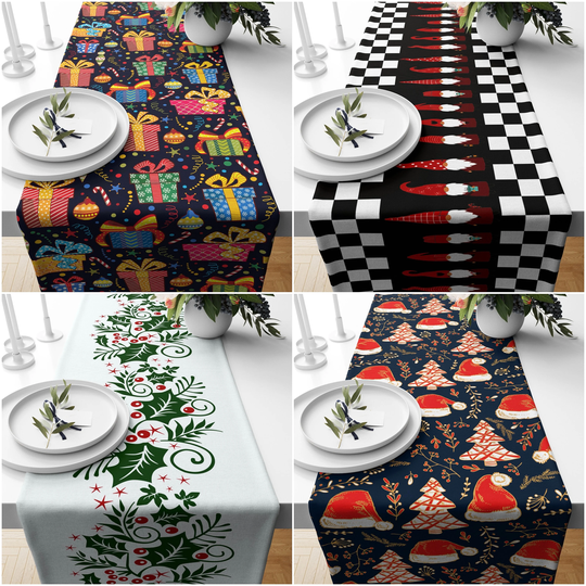 Christmas Table Runner|Xmas Flower Gift Decor|Gnome Print Centerpiece|Red Xmas Hat Home Decor|Winter Trend Plaid Tablecloth