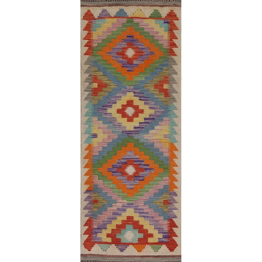 Multi-Color Reversible Kilim Oriental Runner Rug Flatweave Wool Carpet - 2'2" x 6'5"