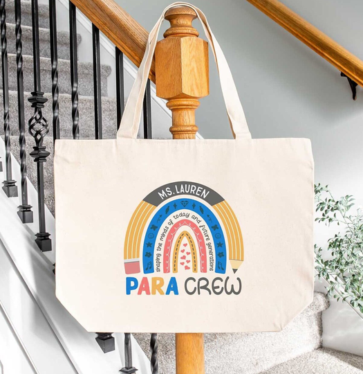 Personalized Paraprofessional Zippered Tote Bag, Para Crew Rainbow Pencil With Name, Parapro Thank You Gift, Sped Team Custom Work Bag