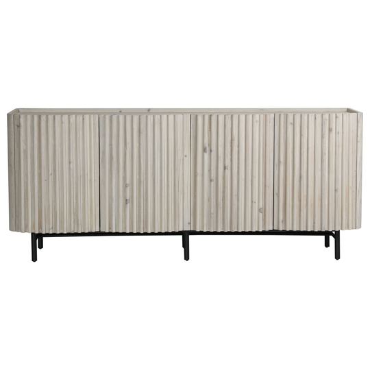 Emerson 79-inch Reclaimed Pine and Iron 4-Door Sideboard with Carved Fluted Door Fronts, Light Grey Wash