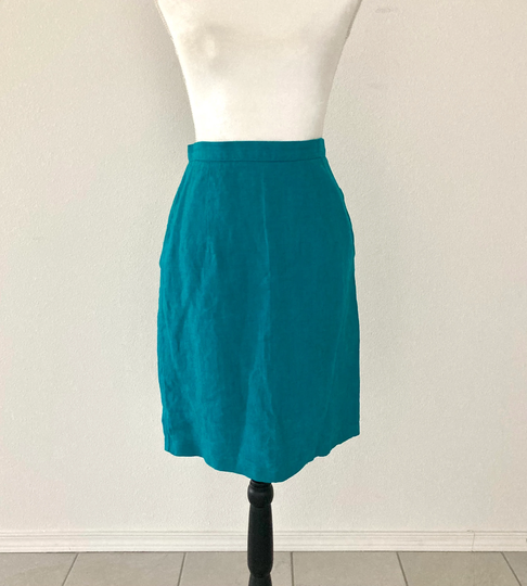 Aqua Linen Pencil Skirt/Vintage 1980's High Waist Retro Woman's Size Xs Slim Fitting