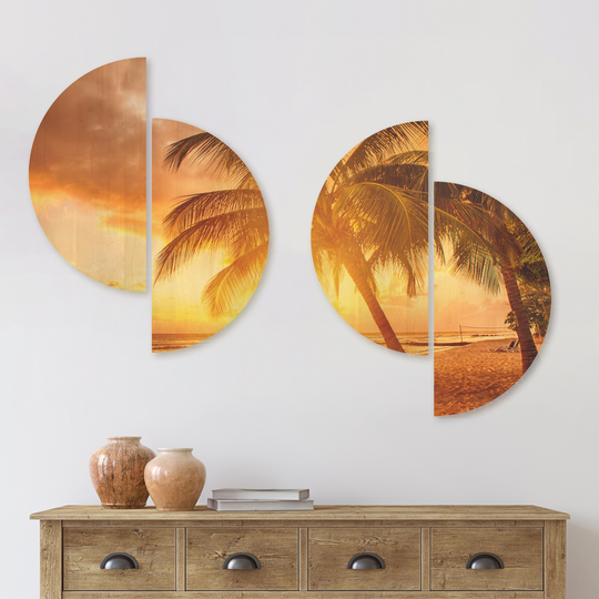 Designart 'Bright Sunset at Barbados Island' Modern Seascape Wood Wall Art Set of 4 Half Circles - Multi-Color